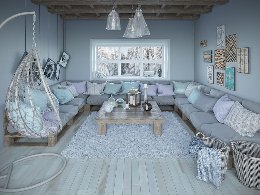 gray corner sofa with throw pillow and coffee table inside the living room HD wallpaper