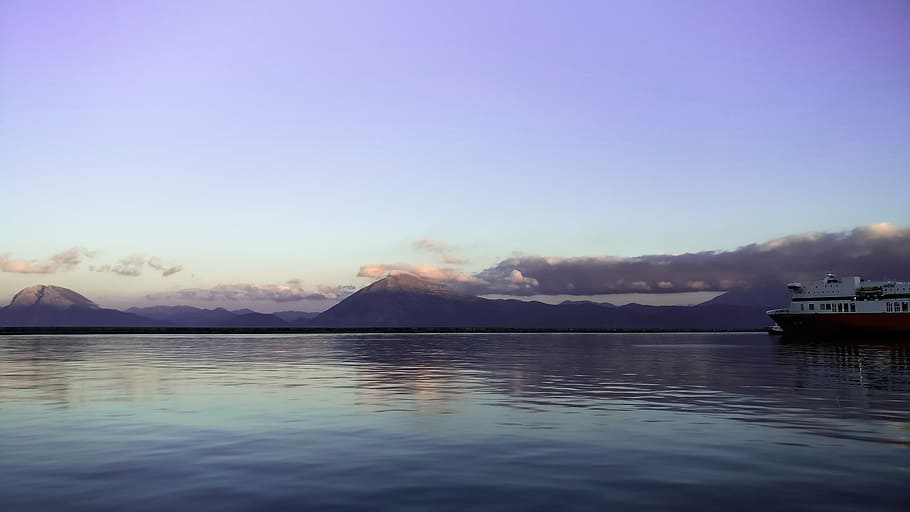 white ship on body of water, red, cargo, calm, sea, daytime HD wallpaper