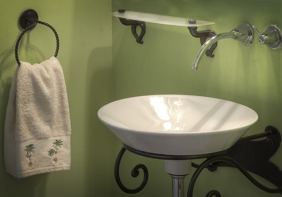 round white ceramic sink near white towel, bathroom, contemporary HD wallpaper