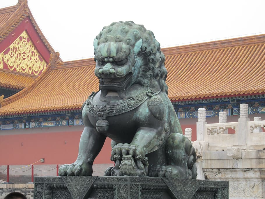 lion, statue, copper, sculpture, monument, china, temple, representation HD wallpaper