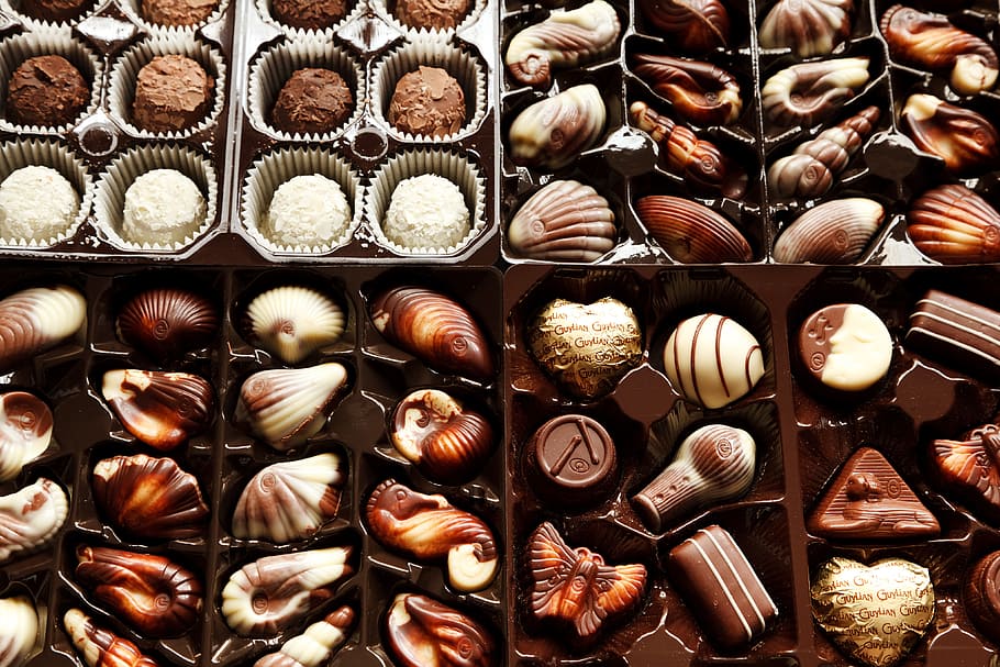 seashell chocolate lot, chocolates, background, box, brown, candy