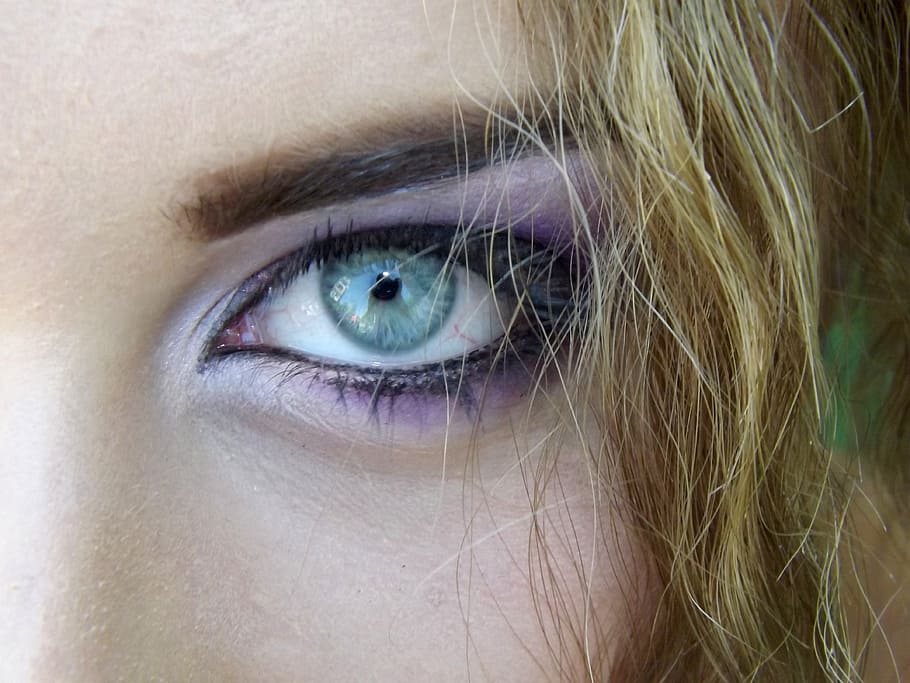 closeup photo of woman with purple eyeshadow, blue, gene, seductive