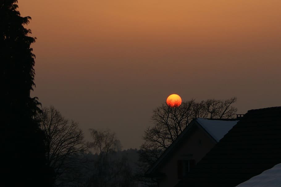 sun, sunset, sky, trees, home, architecture, building exterior HD wallpaper