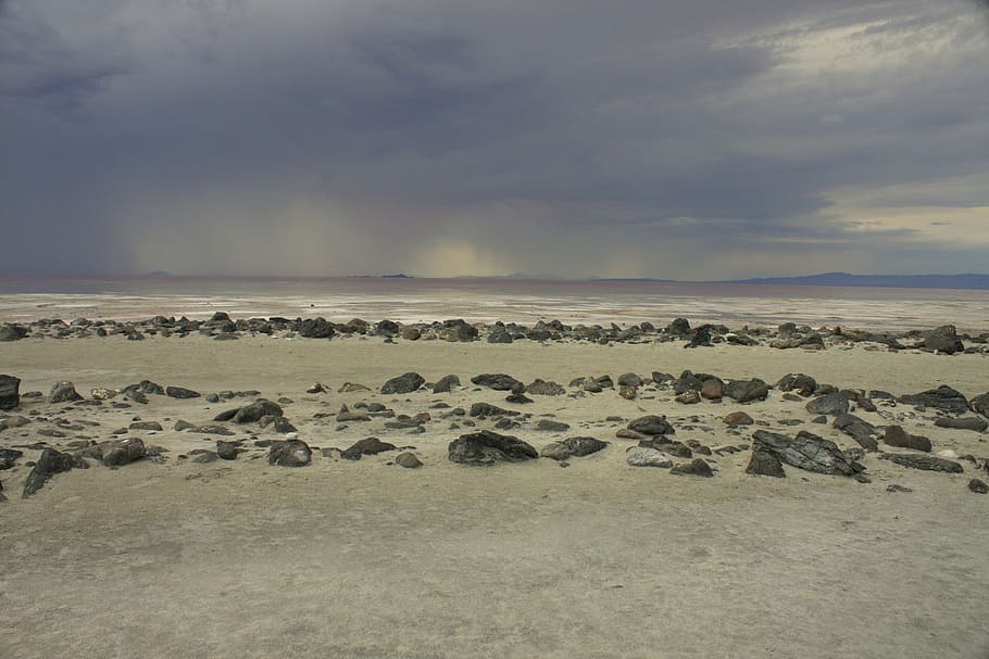cloud, storm, spiral jetty, great salt lake, stone, rock, path, HD wallpaper