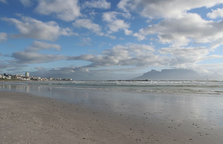 table mountain, beach, ocean, clouds, sky, cape town, south africa HD wallpaper