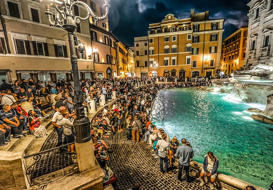 people sitting on stairs near fountain with water painting, Trevi, Fountain