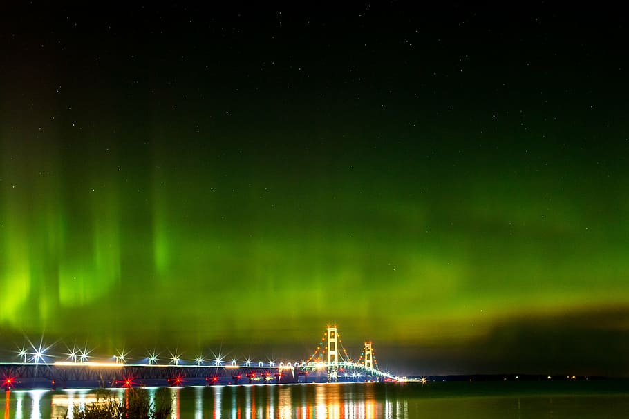 northern lights, mackinac bridge, michigan, aurora borealis, tourism, HD wallpaper