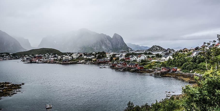 landscape photo of rippling body of water and buildings, lofoten
