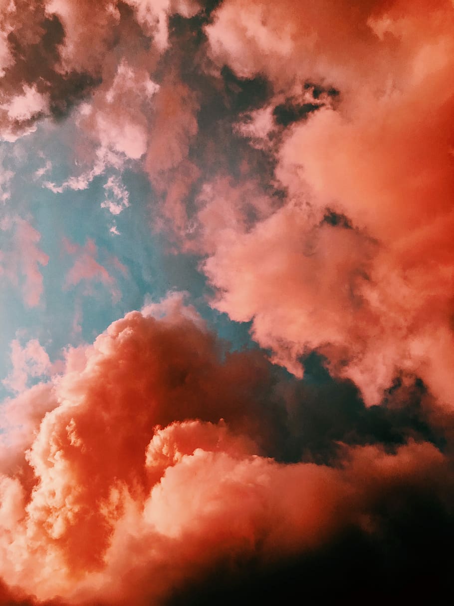 orange smoke on blue background, red clouds, sky, dramatic, cloudy HD wallpaper