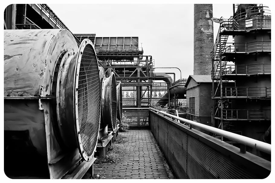 grayscale photo of concrete buildings, architecture, steel mill