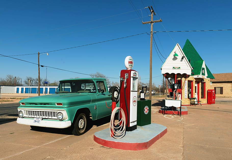 teal pickup truck parked at gasoline station, petrol stations, HD wallpaper
