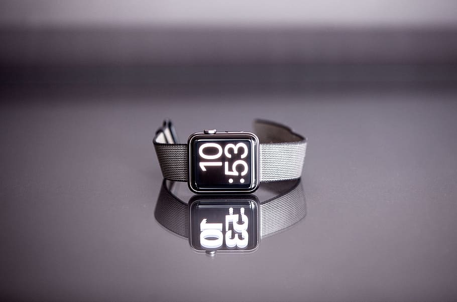 silver titanium Apple Watch with gray nylon strap, Apple Watch at 10:53, HD wallpaper