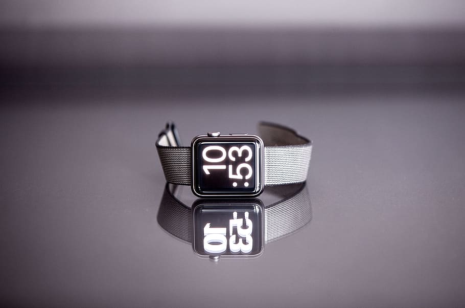 silver titanium Apple Watch with gray nylon strap, Apple Watch at 10:53 HD wallpaper