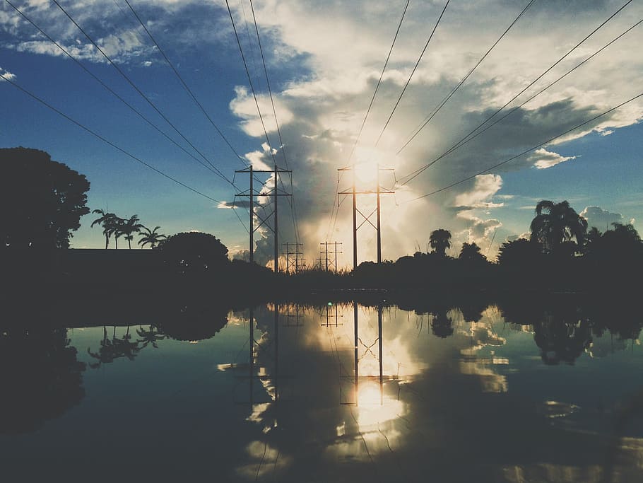 sunset, dusk, sky, clouds, water, reflection, power lines, blue HD wallpaper