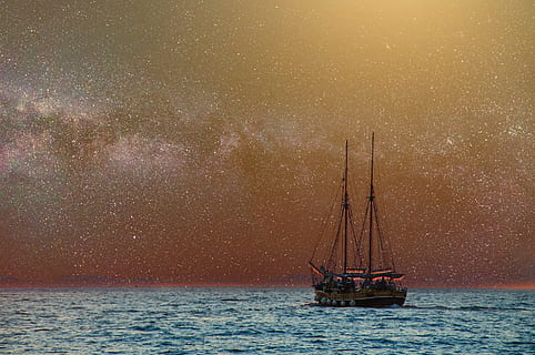 brow sail ship on bodies of water, balance, stars, magic, fantasy HD wallpaper