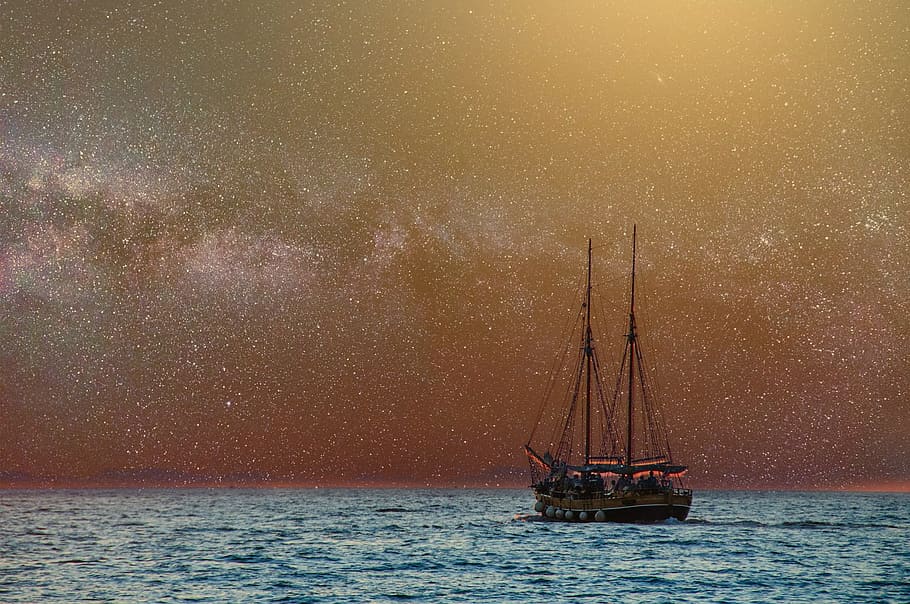 brow sail ship on bodies of water, balance, stars, magic, fantasy, HD wallpaper