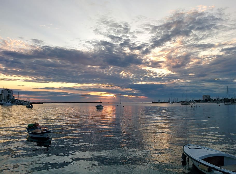 sunset, umag, croatia, sea, istria, boats, costa, water, sky, HD wallpaper