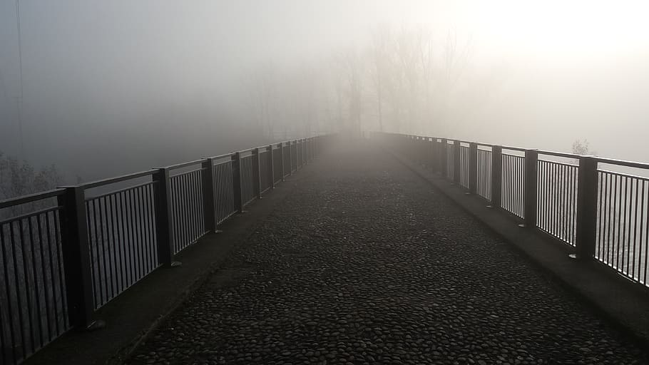 grey steel railing near foot bridge, fog, cityscape, bridges, HD wallpaper