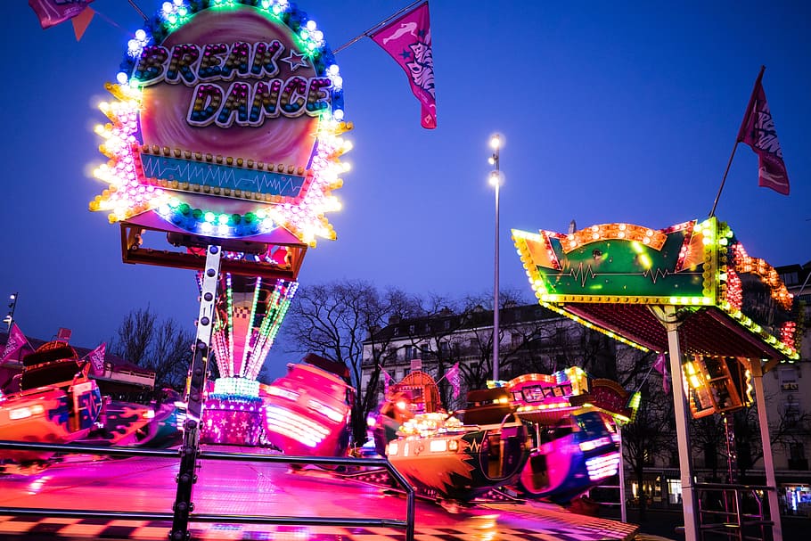 multicolored LED Break Dance signage, funfair, ride, evening HD wallpaper