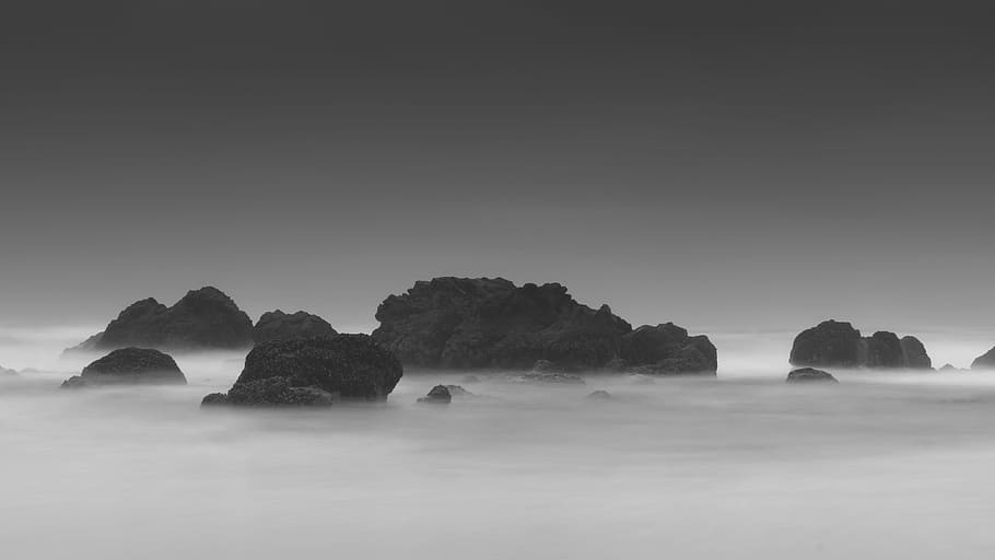 photo of brown mountain cover by mist, nature, black And White HD wallpaper