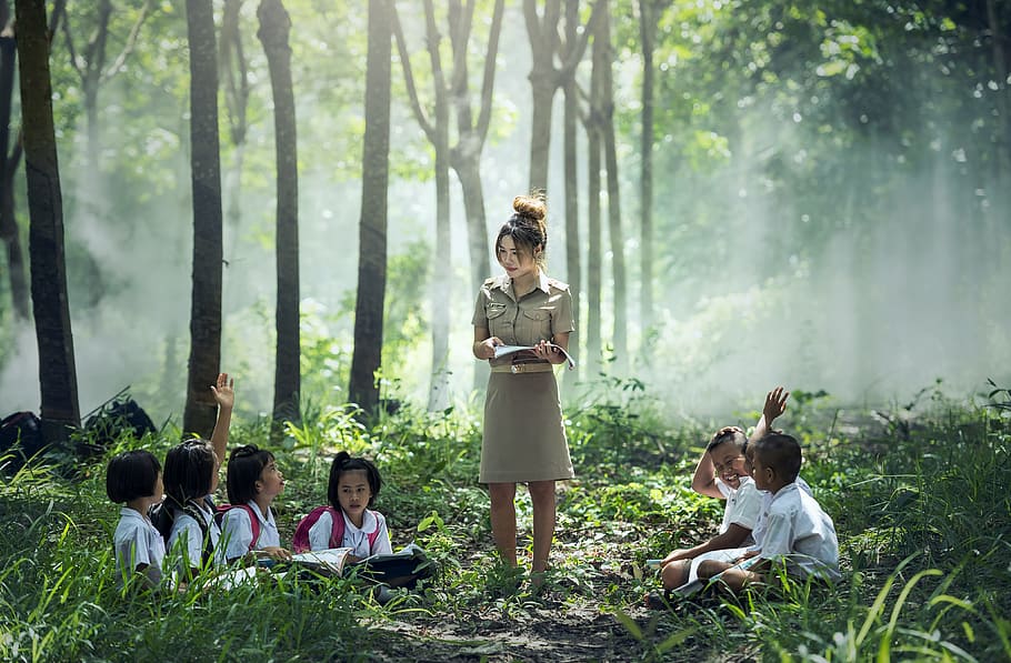 woman and children in forest during daytime, learning, teacher, HD wallpaper