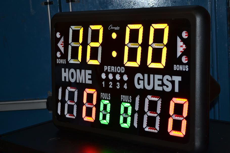 shot clock, basketball, home game, visitor, timer, scoreboard
