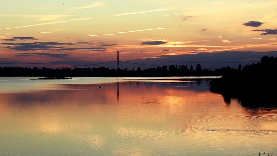 sunset, lake landscape, silhuette, abendstimmung, clouds, sky, HD wallpaper