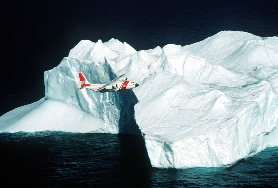 ice berg, airplane, flying, coast guard, c-130, ocean, floating, HD wallpaper