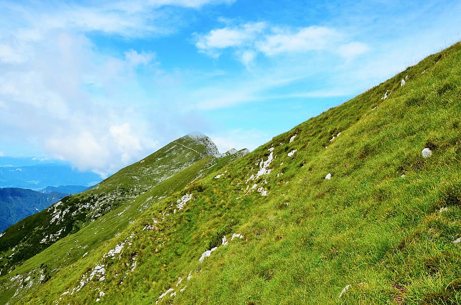alpine, blue sky, cloud, grass, green, hill, mountains, sun HD wallpaper