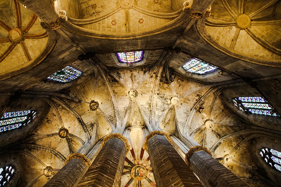 low angle photography of brown ceilings, lower view of chapel ceilings HD wallpaper