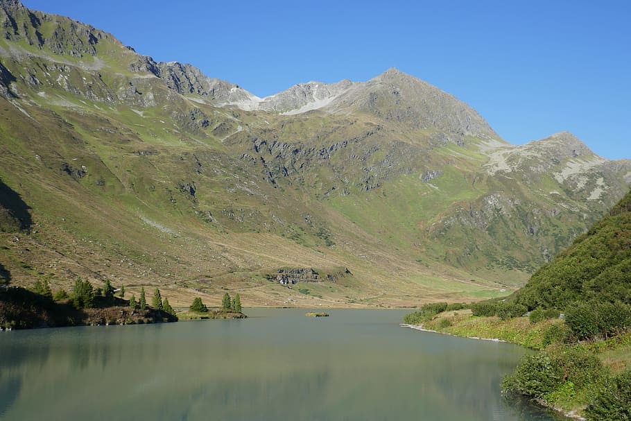 mountains, sky, blue, alpine, forest, lakes, landscape, nature HD wallpaper