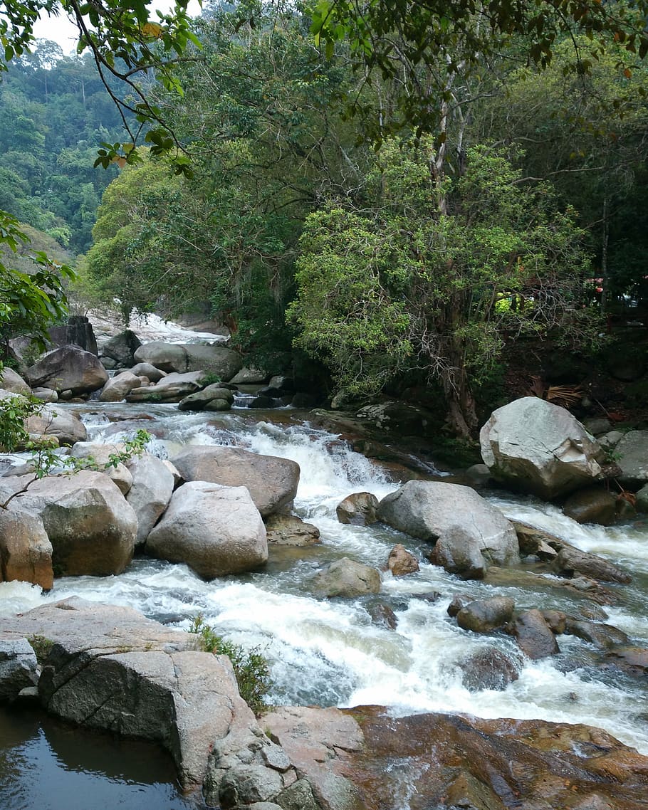 waterfall, nature, pahang, bentong, landscape, rock, forest