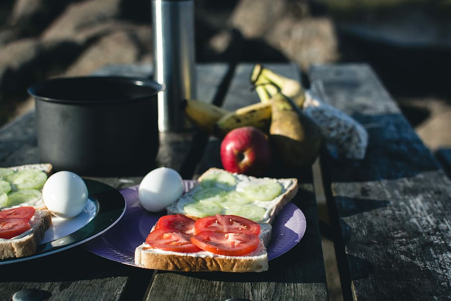Camping breakfast in nature, eggs, healthy, outside, sandwich