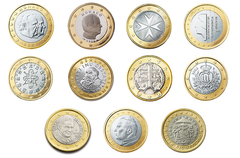 round silver-and-gold-colored coin lot, euro, 1, currency, europe, HD wallpaper