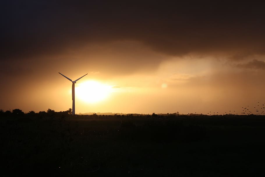 sunset, denmark, environment, turbine, windmill, wind turbine HD wallpaper