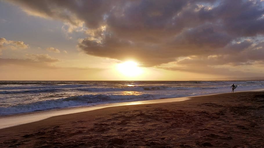 Sunset, Beach, Sea, Clouds, Surfer, Wave, mood, evening, background HD wallpaper