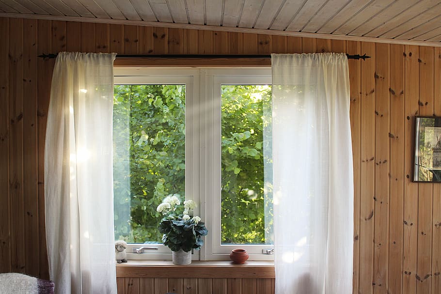 HD wallpaper: white rod pocket curtain on window frame, two white curtain  windows | Wallpaper Flare
