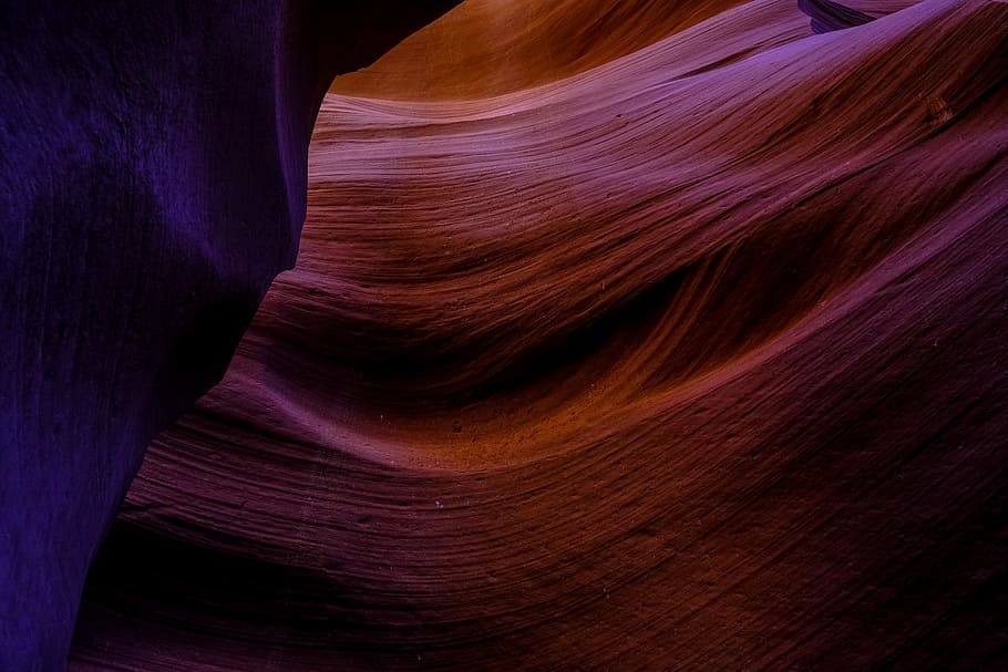 abstract painting, brown cave, cavern, stone, rock, purple, orange HD wallpaper