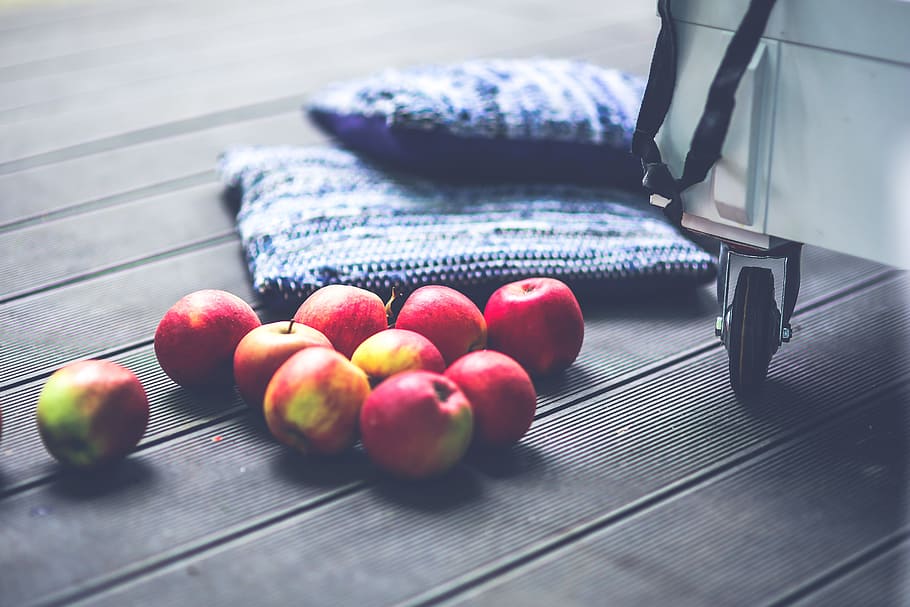 bunch of apple near blue throw pillows, red, apples, decor HD wallpaper
