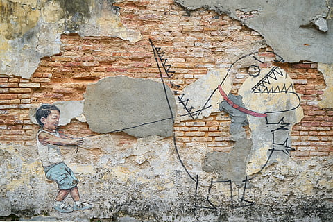 boy pulling dinosaur with leash mural painting, stone, brick HD wallpaper