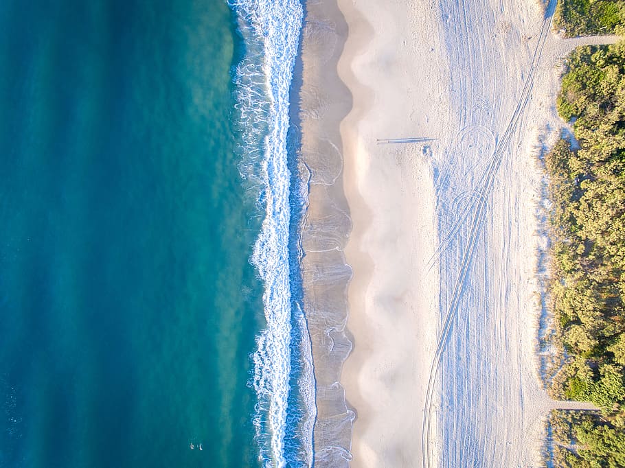 aerial photo of beach at daytime, aerial view of ocean near forest at daytime HD wallpaper