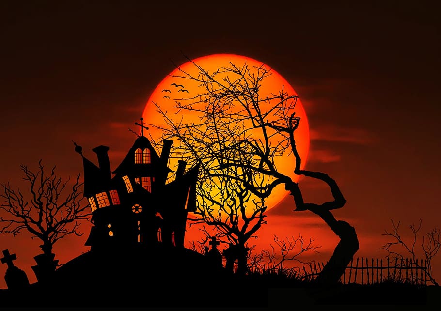 haunted house illustration, moon, night, full moon, gespenstig