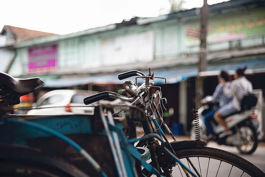 shallow focus photo of bicycle, photography, teal, gray, rusty HD wallpaper