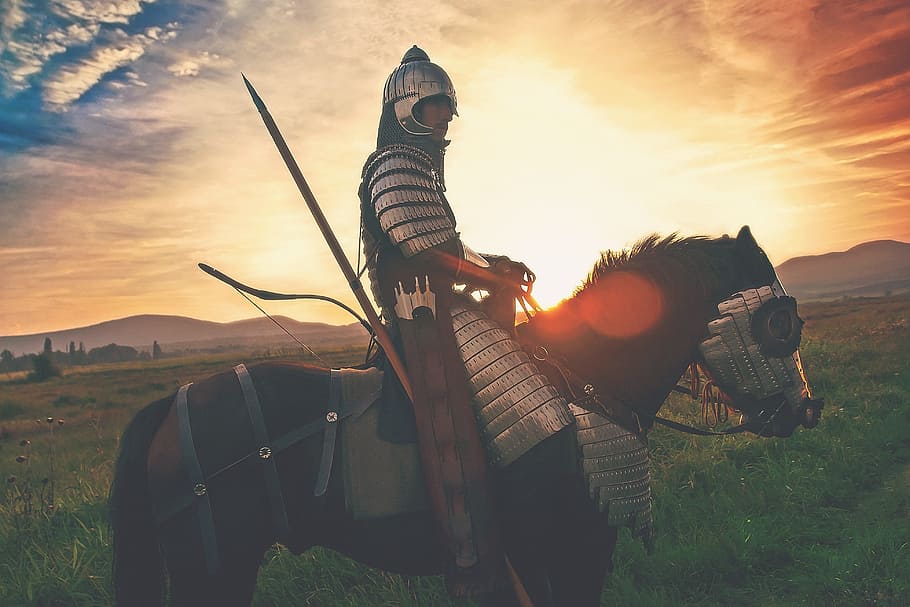 man riding horse during golden hour, horse soldier, warrior, battle, HD wallpaper