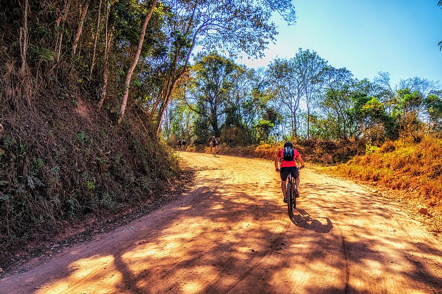 person in red top riding on bicycle, road, path, interior, cycling HD wallpaper