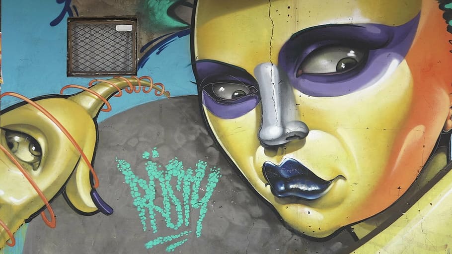 graffiti, face, wall, city, yellow, no people, high angle view HD wallpaper