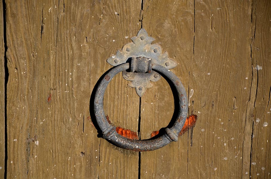 doorknocker, ring, iron, old wood, metal, input, metal ring, HD wallpaper