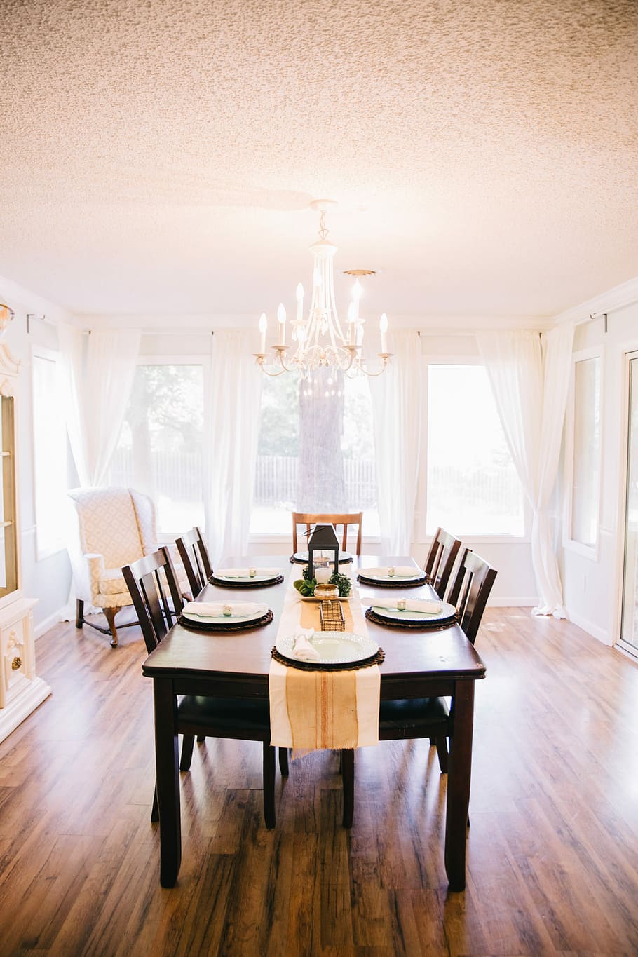 rectangular brown wooden table with tabled near window, empty plate on brown wooden table and chairs set HD wallpaper