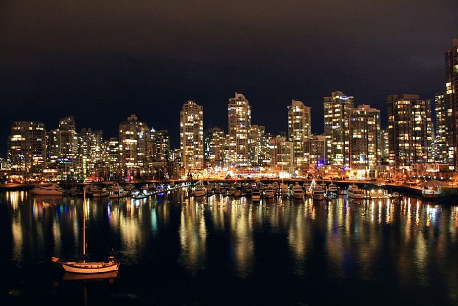 Night Skyline across the water in Vancouver, British Columbia, Canada, HD wallpaper