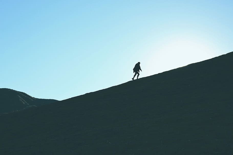 Climb, person walking on mountain hill, hike, sky, sun, adventure HD wallpaper